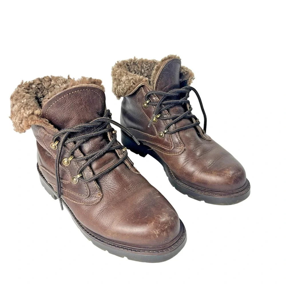 VTG 90s La Canadienne Womens Shearling Hiking Leather Lace-up Boots Brown Sz 7‎